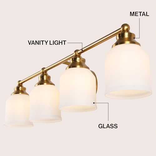 Image of JONATHAN Y 33.25 inch Brass Gold /White Modern Farmhouse LED Vanity Light Wall Sconce Fixture, Frosted White Glass Shade, Dimmable Wall Lamp for Bathroom Mirror Kitchen Sink, UL Listed (JYL7552B)