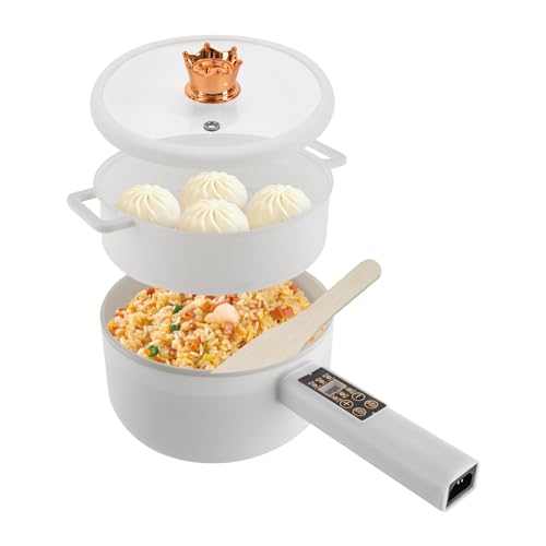 Casserole électrique avec cuiseur vapeur 1,6 l, multifonction, mini portable, anti-adhésif, poêle à frire électrique pour maison, cuisine, dortoir, camping-car 220 V 770 W (blanc) Personnes : environ