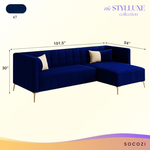 Image of SOCOZI Stylluxe 6 Seater Velvet Fabric RHS L Shape Sofa Set for Living Room |Fabric L Shape Sofa Set for Home & Office (Dark Blue)