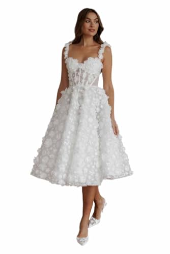 Women's 3D Floral Lace Wedding Dresses for Bride Spaghetti Straps A Line Long Prom Dress Tea Length Bride Dress