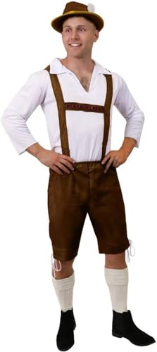 Mens Bavarian Costume - Medium - Brown Lederhosen Style Trousers with traditional White shirt - Oktoberfest Fancy Dress
