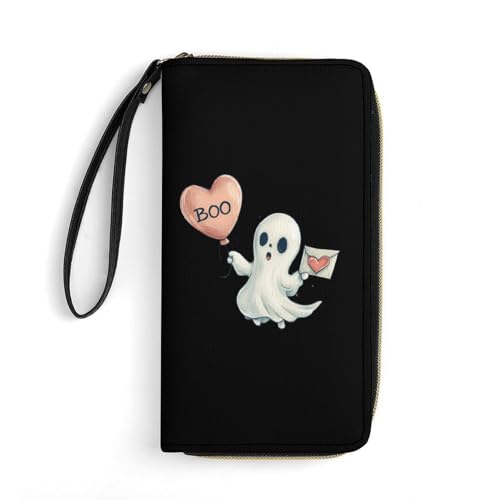 Cute Ghost Boo Leather Wallets for Women Large Capacity Zip Pocket Wallet with Cord