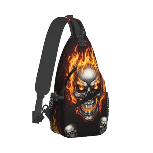 Men's Lightweight Crossbody Backpack, Large Capacity Chest Gym Bag for Outdoor Activities, Cool Fire Flaming Skull Daypack Bags2