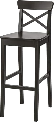 Image of Solid Wood Bar Chair Set of 2 | Wooden Bar Stool for Kitchen Counter, Breakfast Table, Cafe & Home Bar | Cross Back Tall Chair with Footrest | 74 cm Seat Height | Dark Walnut Finish