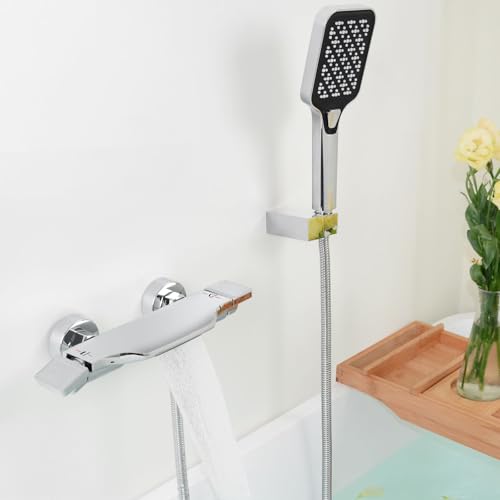 SHANFO Robinet de Baignoire Cascade, Mitigeur Baignoire avec Douchette, Mitigeur Bain Douche Mural, Laiton, Chromé, 14Y1OK