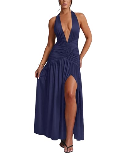 Image of Ekaliy Women's Sexy Halter Deep V Neck Maxi Dress Sleeveless Backless High Slit Ruched Long Dress Summer Party Cocktail Dress