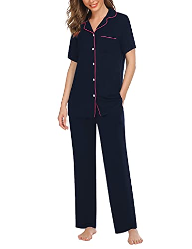 Ekouaer Women Pajamas Set Notch Collar Sleepwear with Pockets Short Sleeve Button Down Nightwear with Long Pants Blue Medium