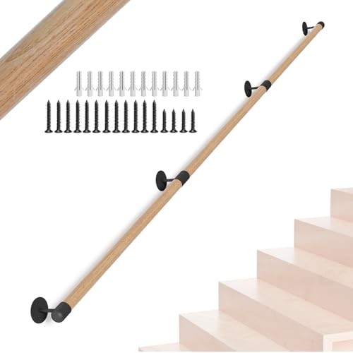 Rampe d'escalier ronde en bois 10 ft/305 cm, balustrade d'escalier intérieur, balustrade d'escalier avec support de montage mural, couloir antidérapant,...