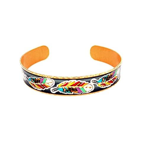 FRONT LINE JEWELRY Women’s Unisex Colorful Feather Cuff Bracelets Open-ended Copper Cuff Multi-Feathers & Multicolored Bracelet Feather, Copper, no gemstone Cover