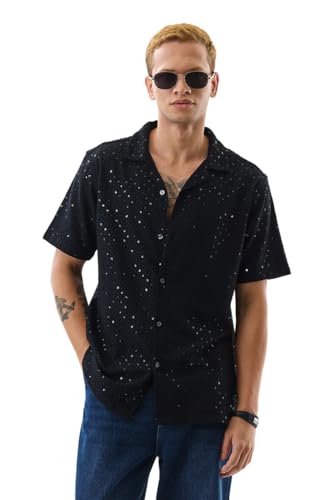 Image of SNITCH Men Casual Shirt | Regular Fit Half Sleeve Cuban Collar Textured Pattern with Embellished Sequins | 100% Viscose & Breathable Fabric for Everyday Wear