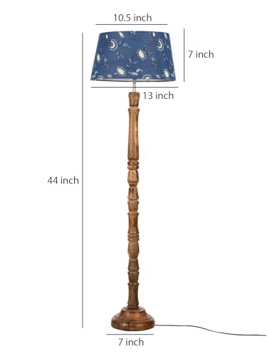 Image of Green Girgit Brown Color Small Wooden Floor Lamp with Taper Blue Creeper Multicolor Lamp Shade, Traditional Turned Column Base, Standing Light for Living Room (LED Bulb Included)
