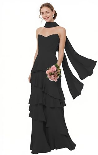 Halter Tiered Chiffon Bridesmaid Dresses for Women Long Strapless Wedding Guest Dress L01010