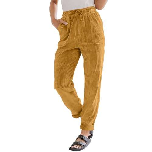 Corduroy Pants Women High Waisted Drawstring Casual Straight Leg Pants Loose Comfy Lounge Pants Trousers with Pockets