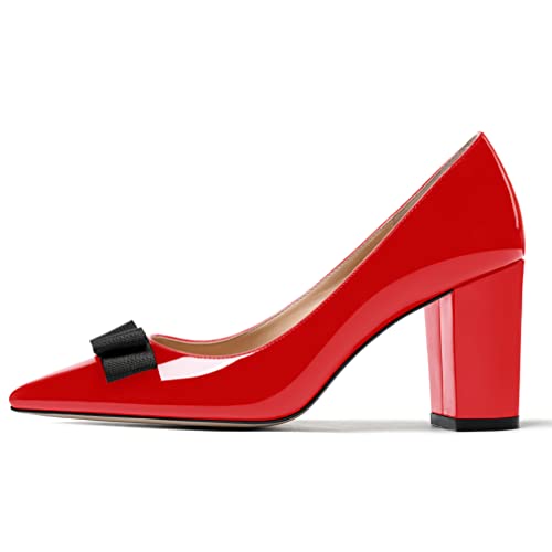 MODENCOCO Women's Bow Slip On Pointed Toe Patent Block High Heel Pumps Evening Party Dress Shoes 3.5 Inch2