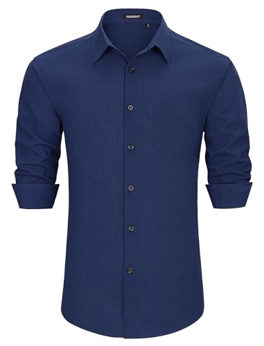HISDERN Men's Linen Cotton Shirts Long Sleeve Lightweight Regular Fit Solid Button Casual Summer Shirt with Pocket - Image 5