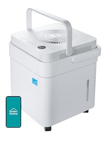 Midea Cube 20-Pint Smart Dehumidifier in white extended to its full tall position in a small bedroom closet, the unique stacked-cube design with the 3.2-gallon water tank visible as the lower half of the unit, the upper compressor section showing the digital touchscreen and the Wi-Fi indicator lit, the lift-and-twist mechanism visible at the seam, an EPA Energy Star yellow label on the side — the only innovative form factor on this list with a tank 3x larger than typical mid-tier competitors, designed for crawl spaces and closets you visit weekly rather than daily.
