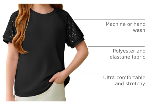 Image of Haloumoning Girls Sequin Short Sleeve T Shirts Kids Summer Crewneck Tops Fashion Tees 5-14 Years