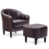 MCombo Accent Chair with Ottoman, Faux Leather Upholstered Barrel Chair Club Armchair for Living Room, Small Space, Corner 4022 (1, Brown)
