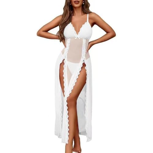 PARUPRUP Mujer Sexy Doble Abertura Alta Vestido Encaje Elegante Conjunto de Lencería Transparente Malla Babydoll Sin Mangas Tirantes Ropa Interior Cuello en V Largo Camisón Push Up Pijama (Blanco)