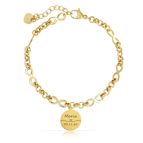 Made by Nami Personalized Infinity Link Bracelet for Women – Custom Engraved Coin Disc Charm, 18K Gold Plated Stainless Steel, Adjustable Bracelet, Personalized Gift for Her (Design 2)