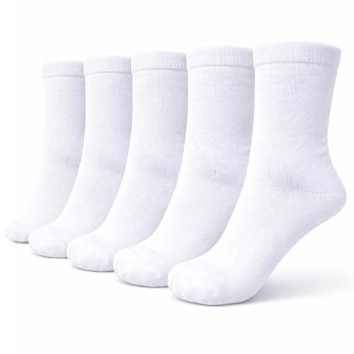 bisoo Calcetines Blancos Niño, Niña - SET de 5 Pares Calcetines Deporte Altos de Algodon Certificado Oeko-Tex - Colegio, Uniforme Escolar - Talla 28-31 (Blanco)