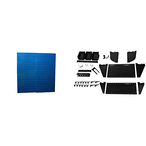 Image of Wall Control 30-P-3232BU Blue Metal Pegboard Pack & KT-400-WRK B Slotted Tool Board Workstation Accessory Kit for Wall Control Pegboard Only, Black