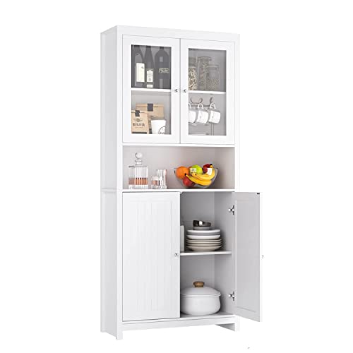 FOREHILL 190cm Alacena Cocina, Aparador Comedor, Mueble Auxiliar de Cocina, Mueble Almacenaje, con 2 Puertas de Madera, 2 Puertas de Vidrio, Blanco, 84x32x190cm