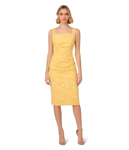 Image of Adrianna Papell Women's Hibiscus Jacquard Tucked Dress - Sleeveless Floral Mid Length Dress with Square Neckline & Back Slit