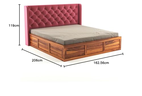 Image of Solid Sheesham Wood Queen Size Bed with Storage | Wooden Double Bed Cot Bed with Box Storage & Velvet Upholstered Cushioned Headboard for Bedroom (Honey A, Queen)