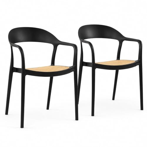 Image of Rattan Style Outdoor Chair | Set of 2 Black Plastic Arm Chair for Garden, Balcony, Patio & Cafe | Lightweight Weather Resistant Seating | 3 Year Manufacturing Warranty