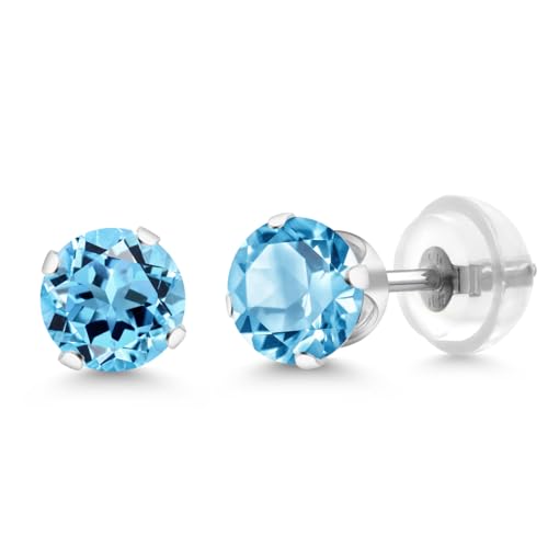 Gem Stone King 10K White Gold Gemstone Birthstone 4-Prong Stud Earrings For Women Men | Round 5MM | Fine Jewelry for Her Mom Women Wife Men
