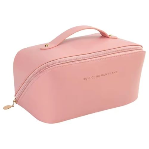 Necessaire Feminina Maquiagem Grande Cosméticos Viagem Estojo Bolsa Organizadora Higiene Pessoal Couro Sintético Luxo Elegância Batom Shampoo Maquiagens Cremes (Rosa)