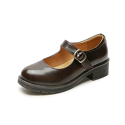 BB BEROBELLO FASHION IS AN ATTITUDE Women's Vintage Black/Brown Mary Jane Flats JK Uniform Dress Shoes