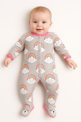 TuddyBuddy 100% Cotton Footed Romper SleepSuit for Baby (0 Months-3 Months, Pack of 2 - Grey Stripes & Pink Rainbows) - Image 4 thumbnail