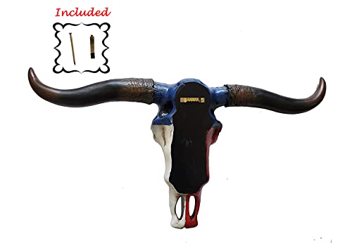 Hanging Resin Western Longhorn Steer Cow Skull With Texas Flag/Bull Head Sculpture Wall Mounted Hanging Decor (20.5" W X 11" H X 3" D). #TOP4