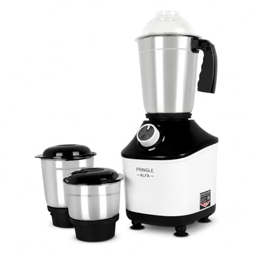Image of Pringle Alfa 550W 3 Jar Mixer Grinder for Kitchen | 3 SS Jars (Liquidizing, Wet & Dry Grinder & Chutney) | Stainless Steel Blades | Compact & Powerful | 5 Yr Warranty | Black White