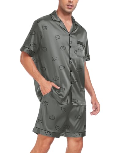 Image of SWOMOG Men Satin Silk Pajamas Sets Short Sleeve Sleepwear Button-Down PJs Sets Two-Pieces Loungewear with Pockets