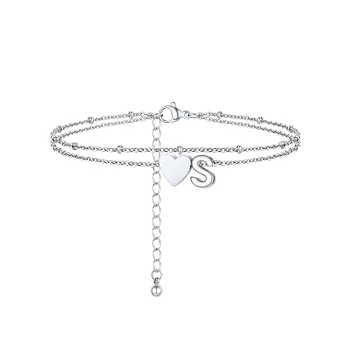 PROSTEEL Women Heart Anklet, A-Z Letter Initial Ankle Bracelet, Adjustable Double-Layer Foot Chain for Beach Summer, Silver/Gold Plated 316L Stainless Steel (with Gift Box) Silver - S