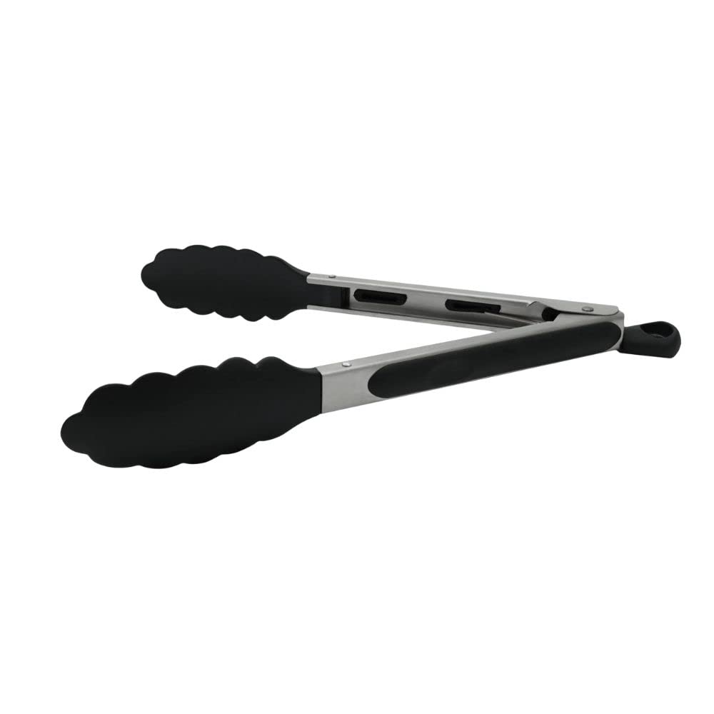 Fackelmann Multi-Purpose Kitchen Tongs PBT Length 28cm, Heat Resistant to 220C, Non-Stick Cookware Safe, Locking Mechanism, Scalloped Head, Dishwasher Safe, Silver & Black