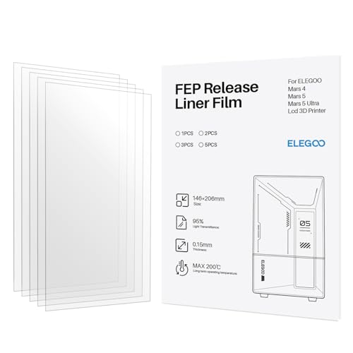 ELEGOO 5 PCS FEP Release Liner Film for ELEGOO Mars 4, Mars 5, Mars 5 Ultra Resin 3D Printer, 206mm*146mm, Thickness 0.15mm