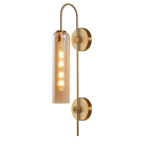 Image of BOKT 1 Light Modern Amber Glass Wall Sconce 31 inch Mid Century Brushed Brass Tube Wall Sconces Lighting Gold Wall Mounted Light Fixture Indoor Bathroom Vanity Wall Lamp for Bedroom Living Room (Amber)