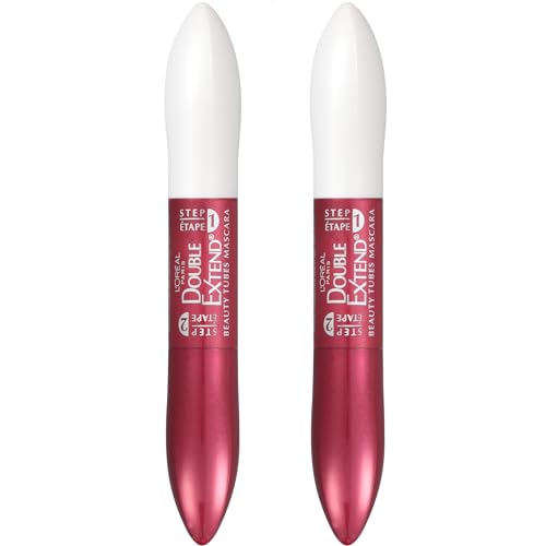 L'Oreal Paris Makeup Double Extend Tubing Mascara, Lengthening 2 Step Mascara, Smudgeproof, Black, Pack of 2