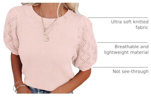 Image of Womens Short Sleeve Sweaters Crewneck Knit Pullover Tops 2025 Summer Casual Lightweight Crochet Blouse Shirt