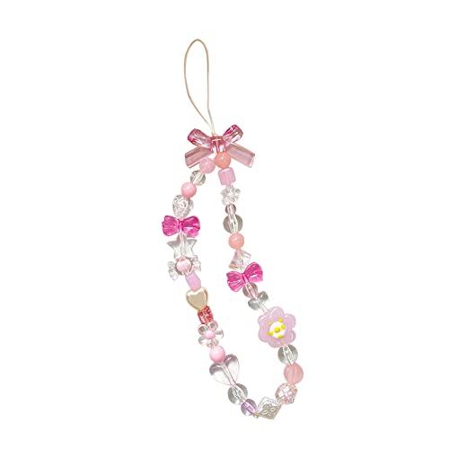 Phone Beaded Strap Mobile Phone Pendant Chain Mobile Phone Case Lanyard Flower Bow Phone Charm Wristband Key Ring Chain Bag Ornament Phone Decor Universal Phone Lanyard Wrist Strap for Women Girls