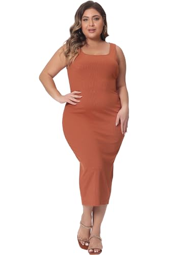 Image of Agnes Orinda Plus Size Dress for Women Summer Sleeveless Square Neck Bodycon Cocktail Sundress Sexy Midi Tank Dress