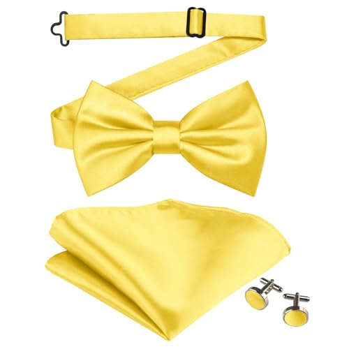 Mukidom Light Yellow Bow Ties for Men Solid Color Pre-Tied Yellow Bow Tie and Yellow Pocket Square Cufflinks Set