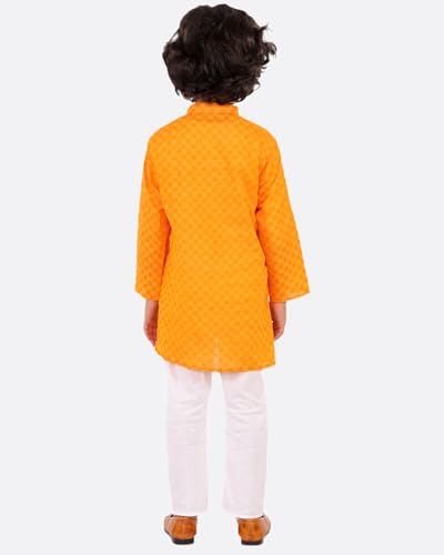 Image of superminis Baby Boys Traditional Ethnic Wear Handloom Cotton Solid Pattern Kurta With White Pyjama Set