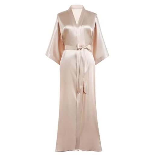 PRODESIGN Morgenmantel Damen Bademantel Satin Kimono Lang mit Gürtel Einfarbig Nachtwäsche Leicht Schlafmantel Champagner