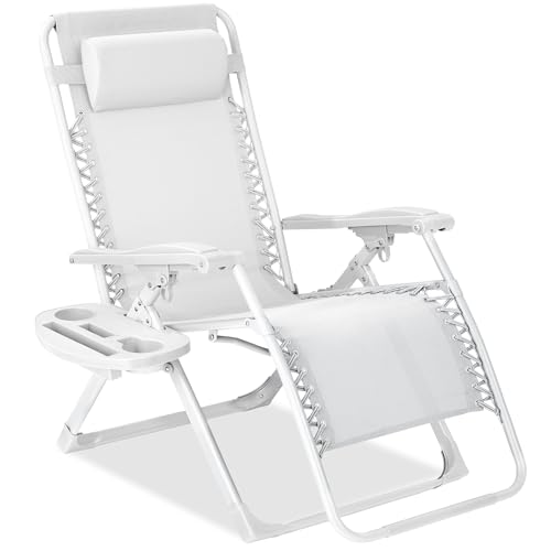 Best Choice Products Adjustable Zero Gravity Chair, Monochromatic Color Folding Patio Recliner w/Side Tray, Headrest - Snow
