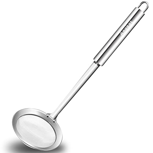 ANAEAT 4" Stainless Steel Fat Skimmer Spoon - Professional Kitchen Fine Mesh Food Strainer and Hot Pot Skimmer with Long Handle for Skimming, Cooking, Frying, Grease, Gravy and Foam